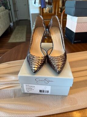Jessica Simpson Iridescent Bronze Snake-Print Pointed Toe Pumps
